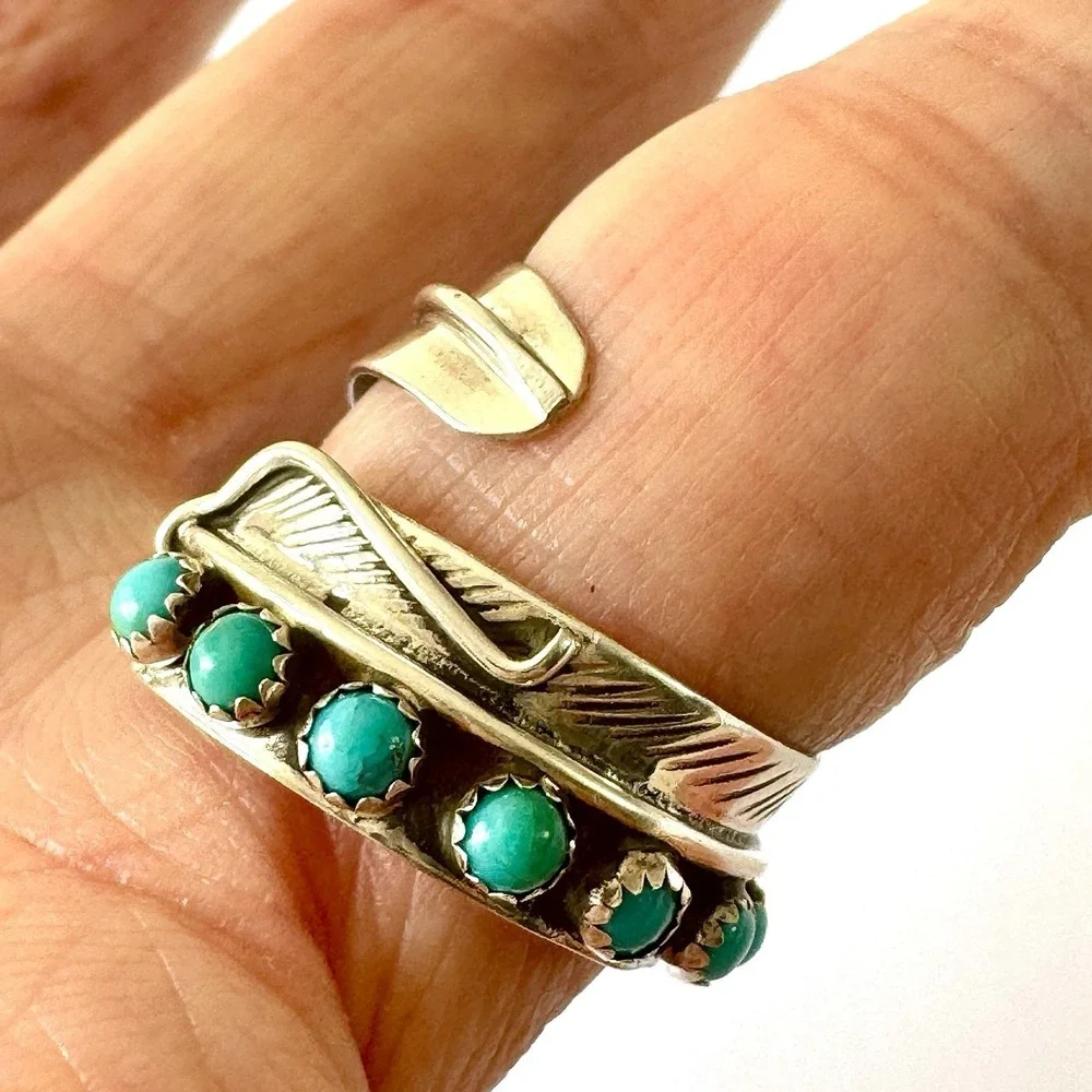 Navajo Turquoise Wrap Ring Feather‎ Sz 6 Adjustable Bypass Sterling Signed AD